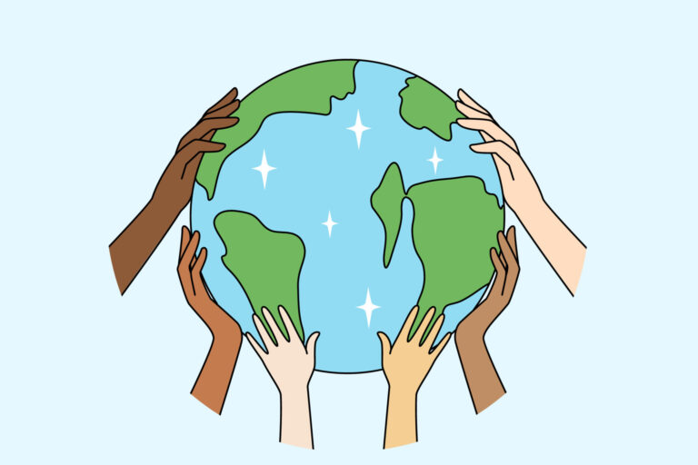 People hands holding planet Earth