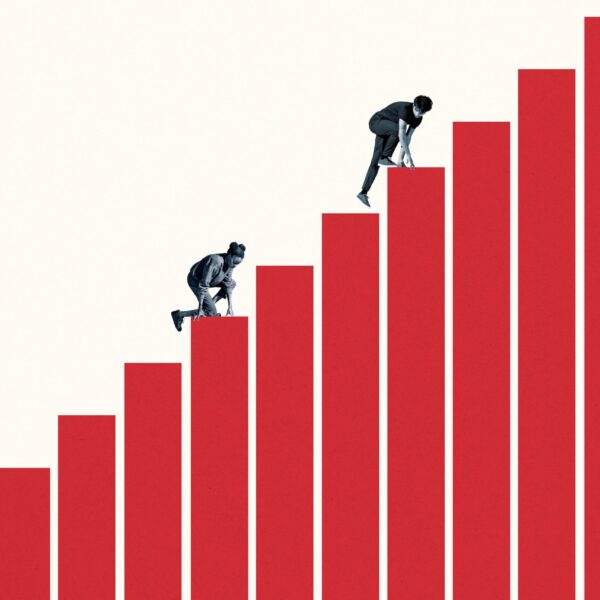 Two young people climb upturned stairs as a symbol of an increase in turnover.