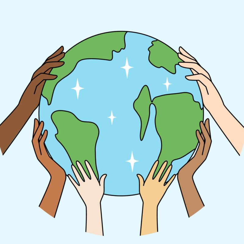 Diverse people hands holding Earth show care about environment and nature. Multiracial activists protect planet. Environmental change and safety. Vector illustration.