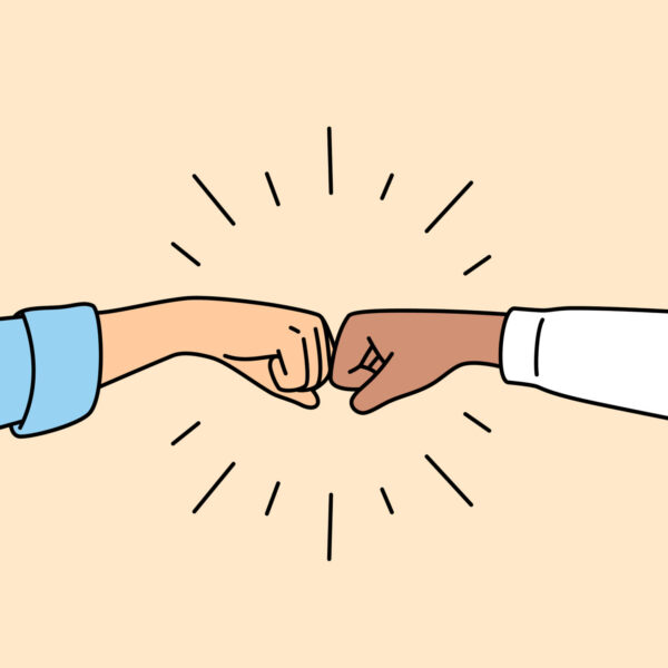 Close-up of people give fists bump greeting or getting acquainted. Businesspeople or colleagues make hand gesture celebrate shared win or victory. Vector illustration.